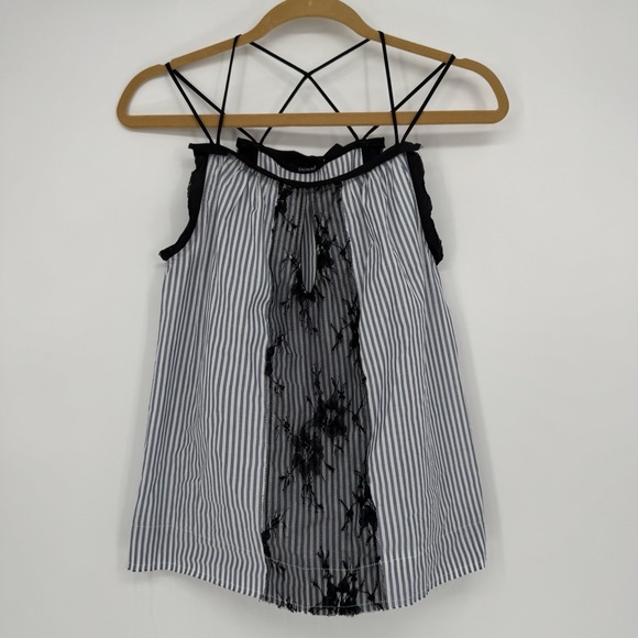 Calvin Rucker Top Women's Small Tank Blue White Stripe Black Lace Keyhole Straps - Picture 1 of 8